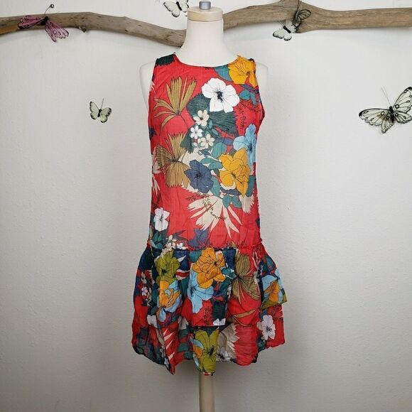 Indian gauze semi sheer bright floral ruffle dress - Picture 2 of 5
